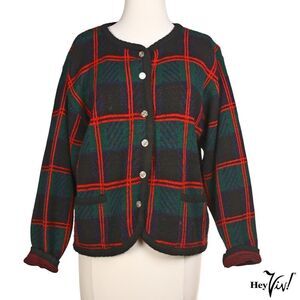 Vintage Tally Ho Sweater Button Up Cardigan Classic Plaid 2 Pockets XL - Hey Viv